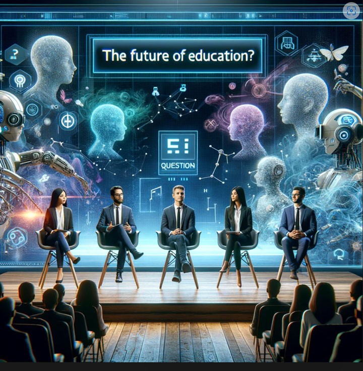 Tekoälyllä tehty kuva, jossa lavalla istuu tuoleissa viisi panelistia, ja taustalla on teksti Future of education?.