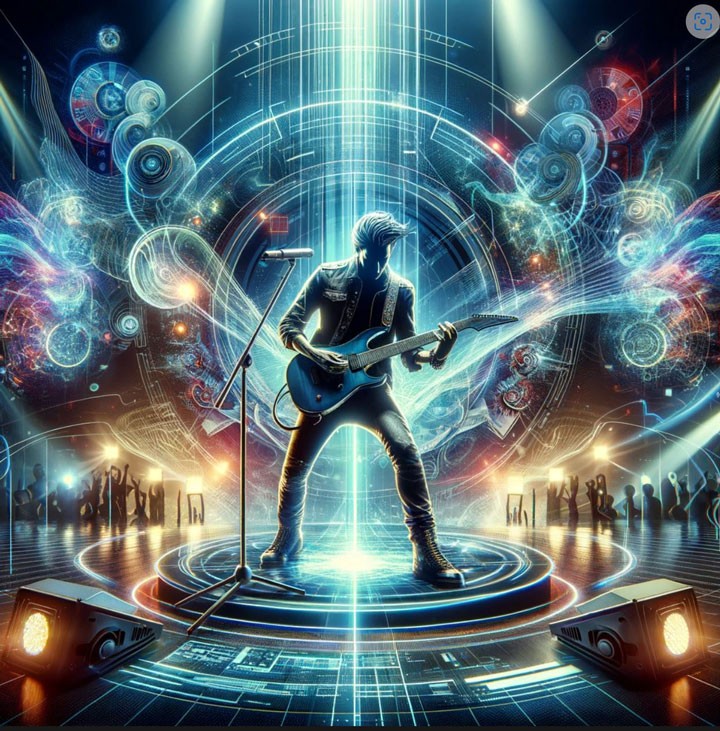 Tekoälyllä tehty kuva, jossa henkilö soittaa kitaraa futuristisessa ympäristössä. 